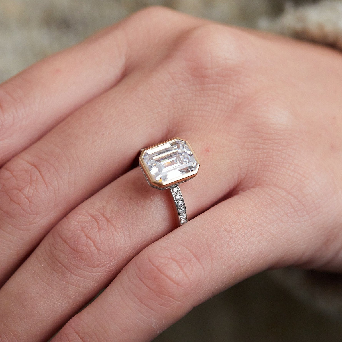 Platinum and 18K Rose Gold Emerald Cut Diamond Engagement Ring Setting