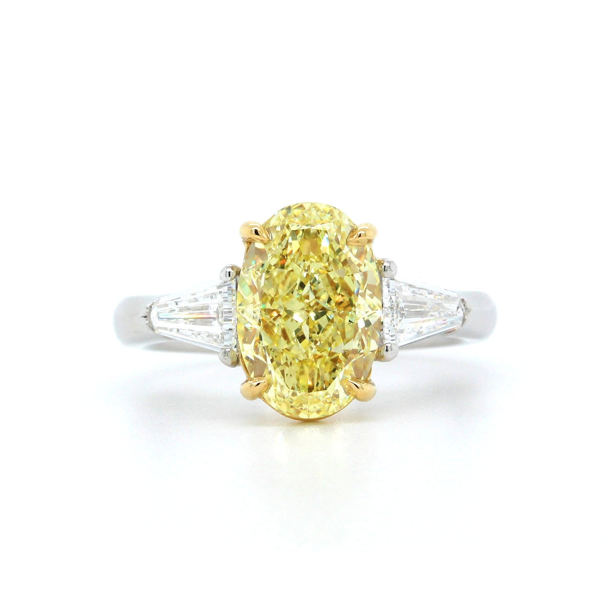 Platinum and 18K Yellow Gold 3 Stone Fancy Yellow Diamond Ring, Platinum, Long's Jewelers