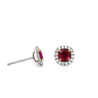 Platinum Cushion Ruby Diamond Halo Stud Earrings, Platinum, Long's Jewelers