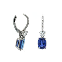 Platinum Cushion Sapphire and Diamond Dangle Earrings, Platinum, Long's Jewelers