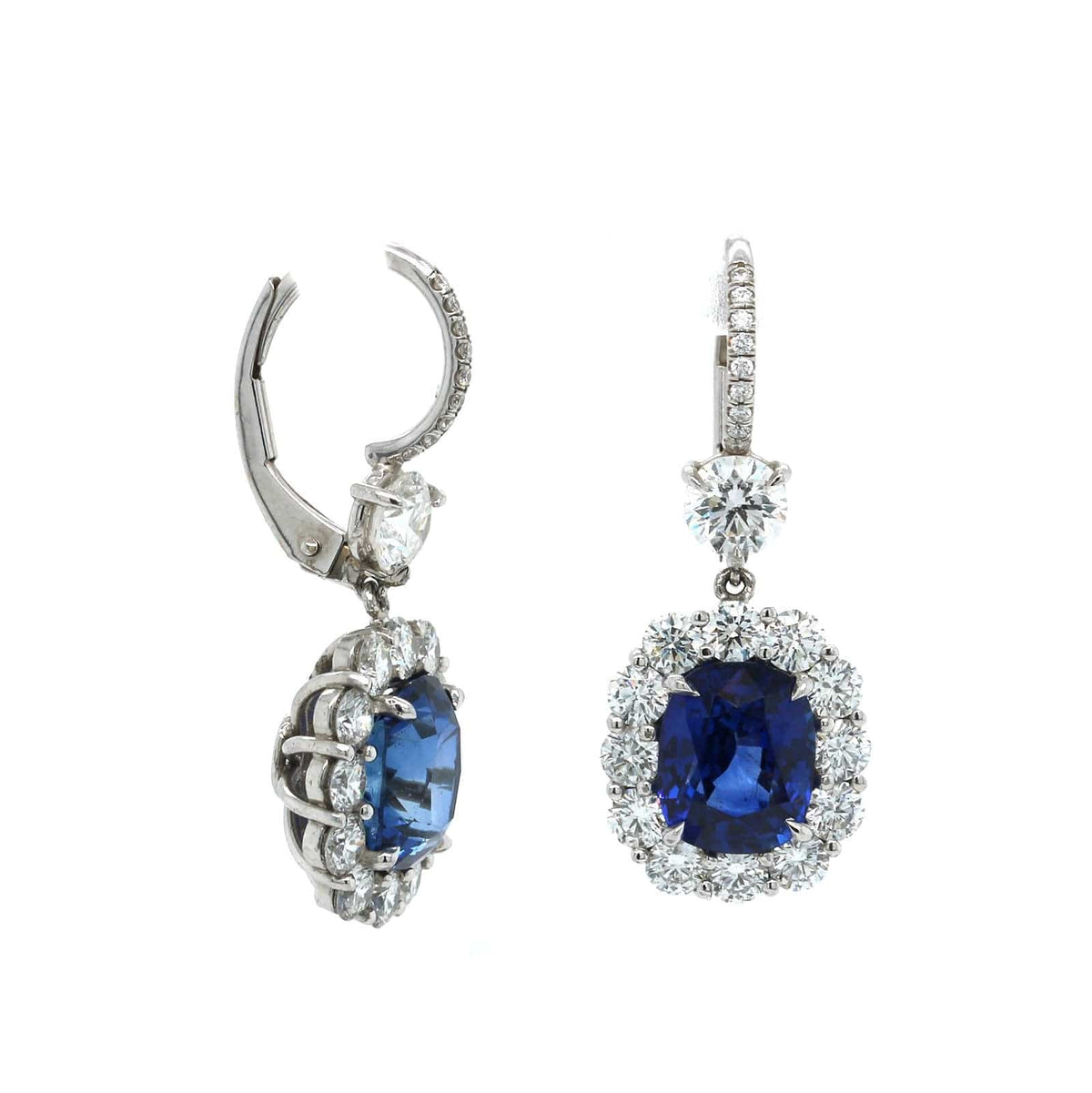 Platinum Cushion Sapphire and Diamond Halo Dangle Earrings, Platinum, Long's Jewelers