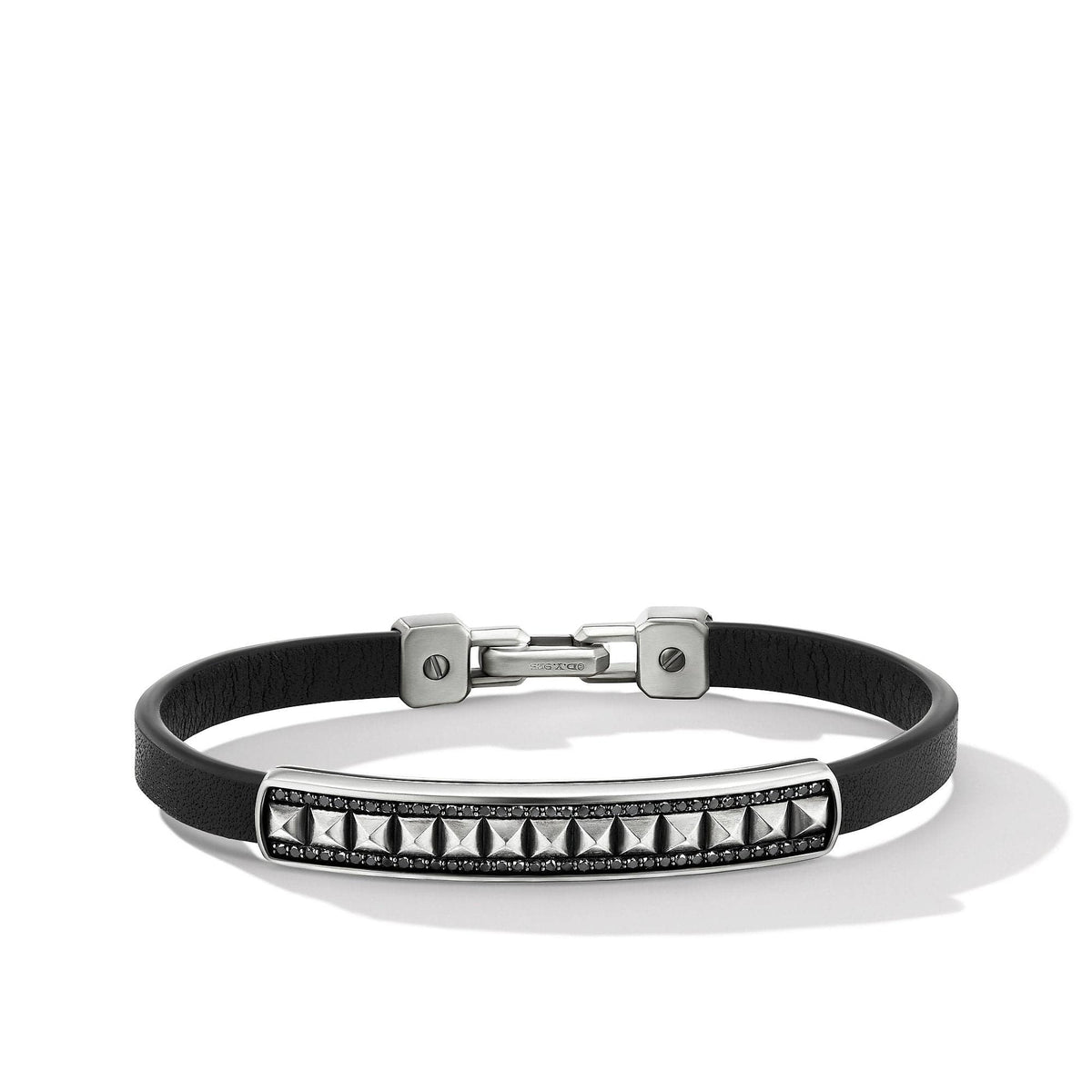 Pyramid Black Leather ID Bracelet with Pavé Black Diamonds, Sterling Silver, Long's Jewelers