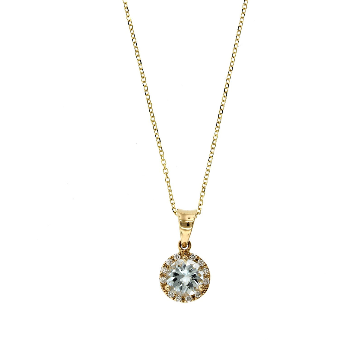 14K Yellow Gold Round Aquamarine Diamond Halo Necklace