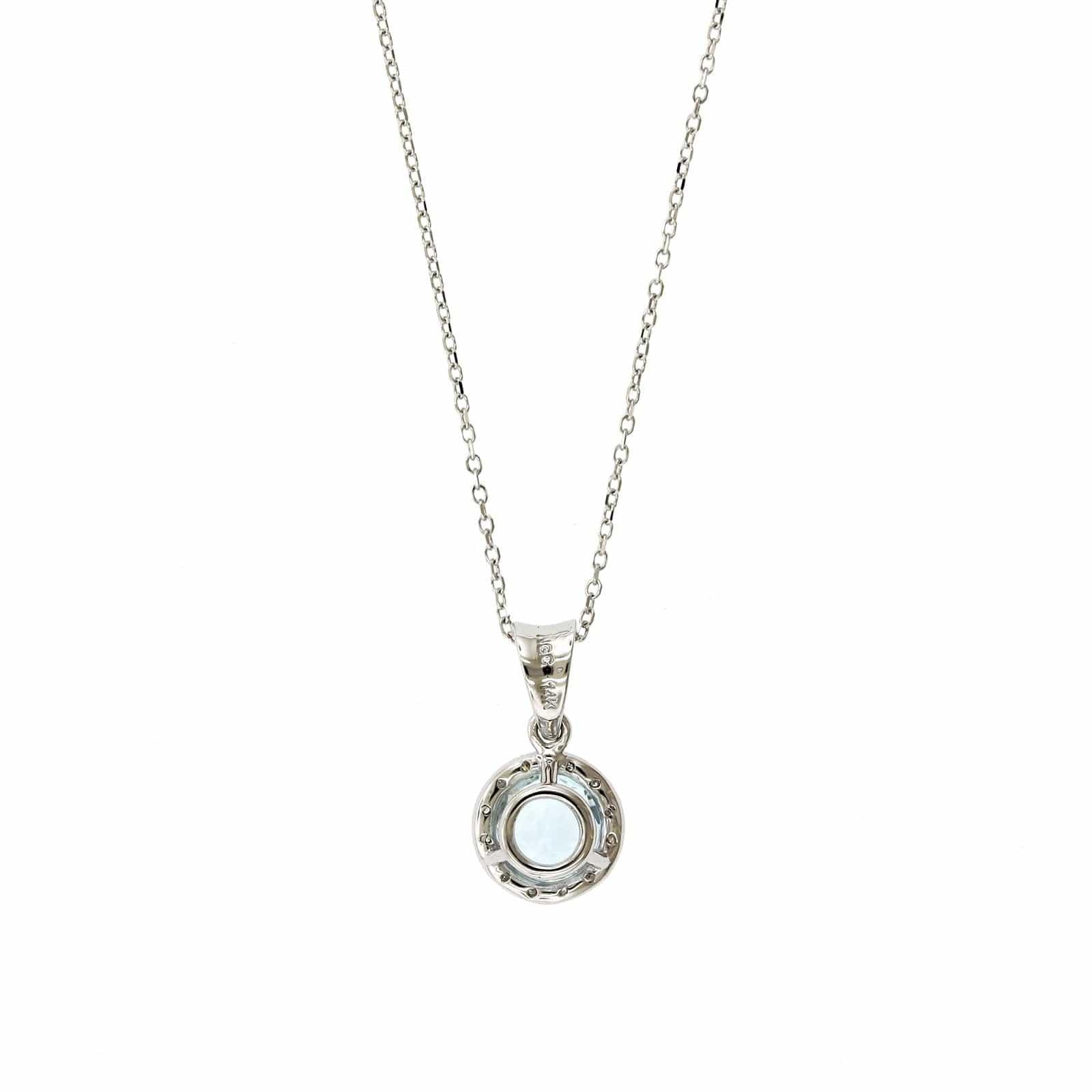 14K White Gold Round Aquamarine Diamond Halo Necklace