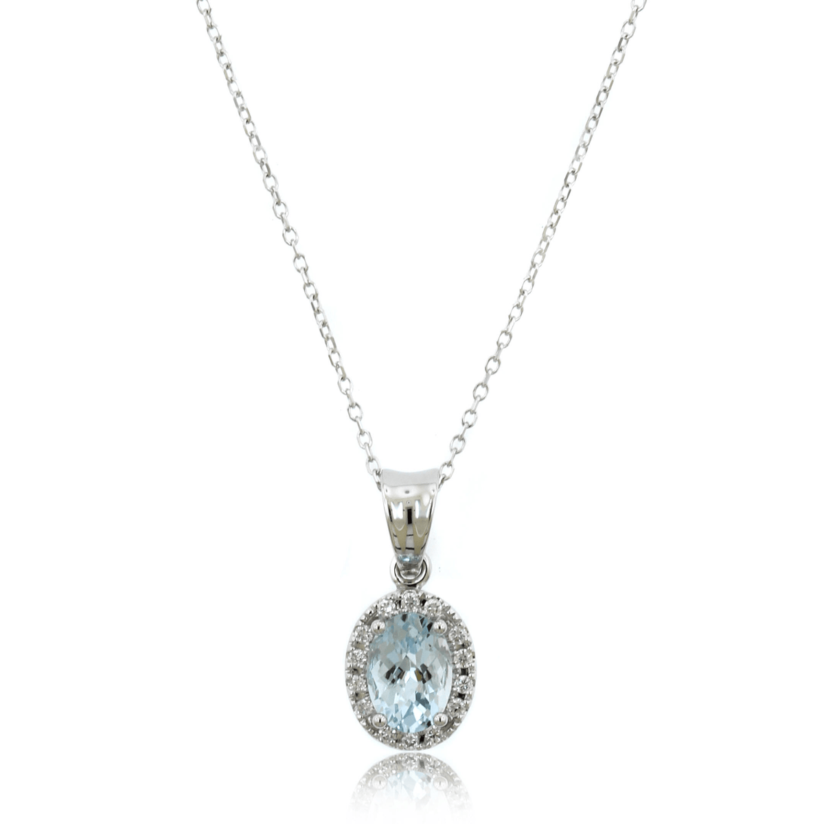 14K White Gold Oval Aquamarine Diamond Halo Necklace