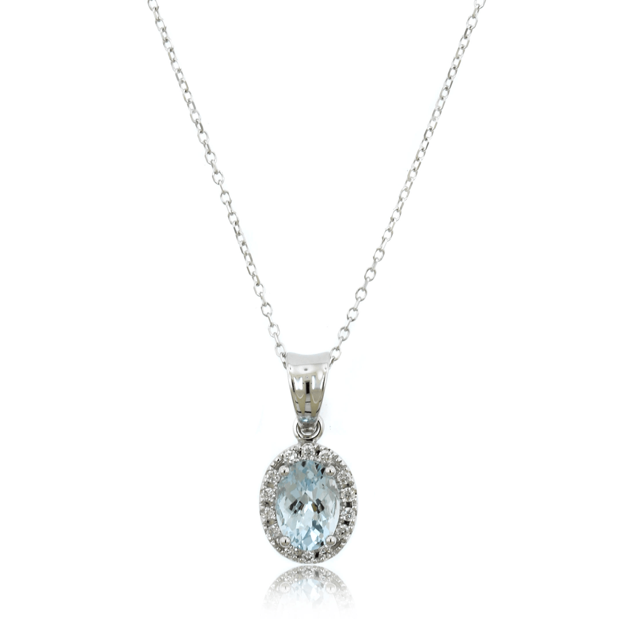 14K White Gold Oval Aquamarine Diamond Halo Necklace