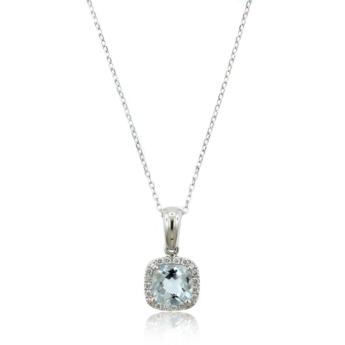 14K White Gold Cushion Aquamarine Diamond Halo Necklace