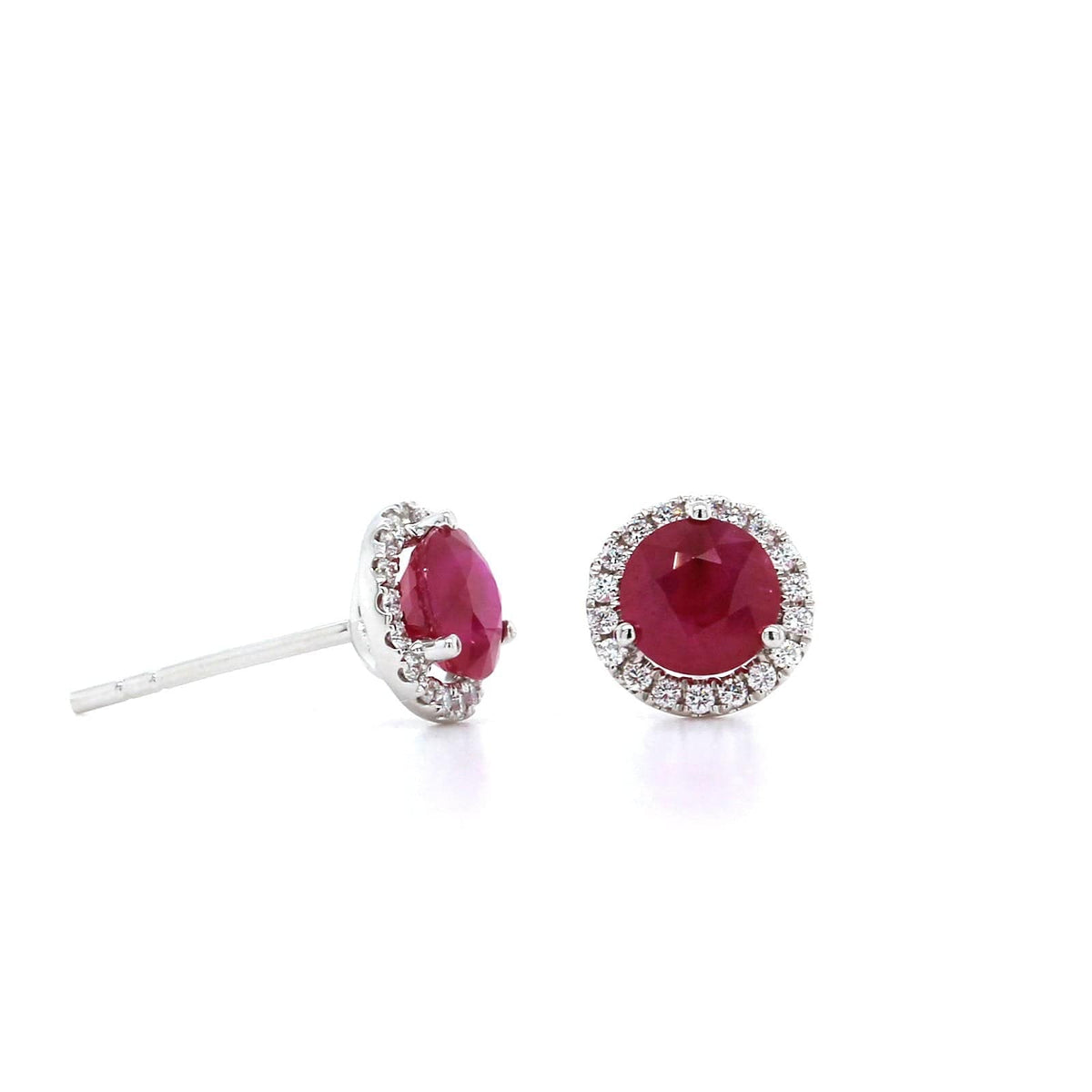 18K White Gold Ruby Diamond Halo Stud Earrings