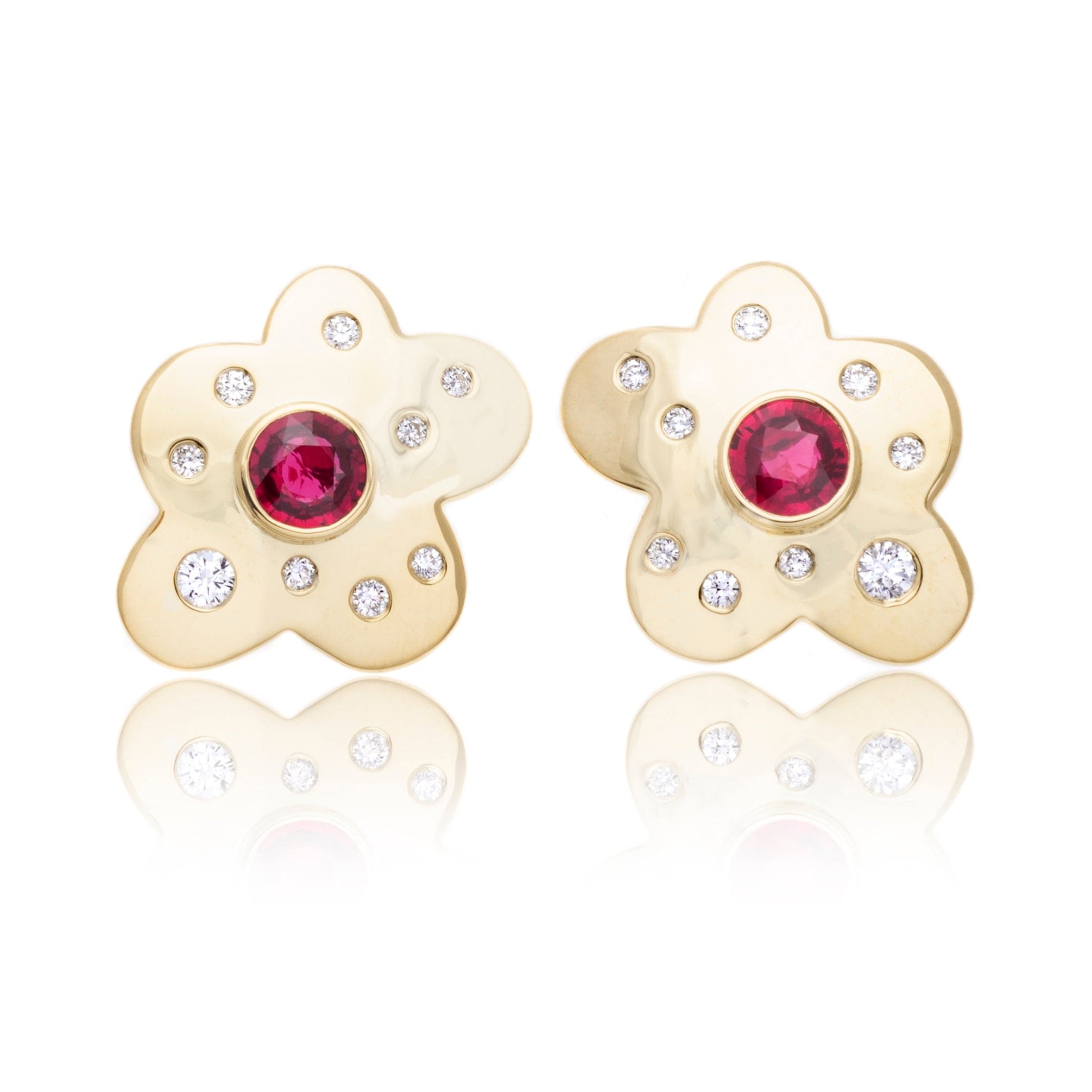 18K Yellow Gold Ruby and Bezel Set Diamond Earrings
