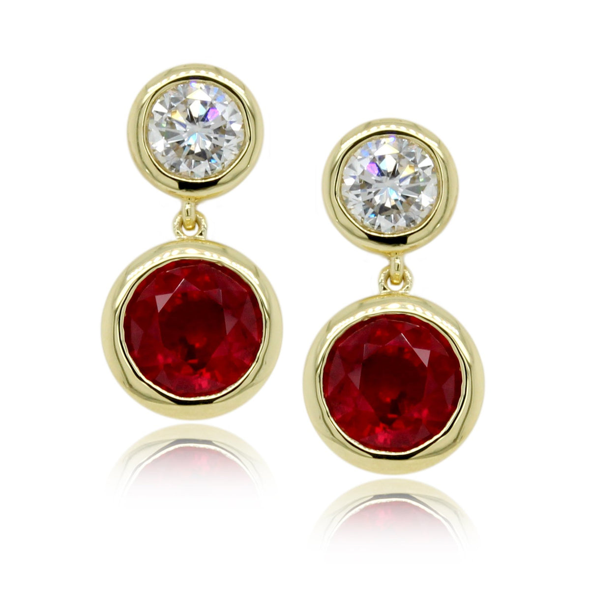 18K Yellow Gold Bezel Set Ruby and Diamond Earrings