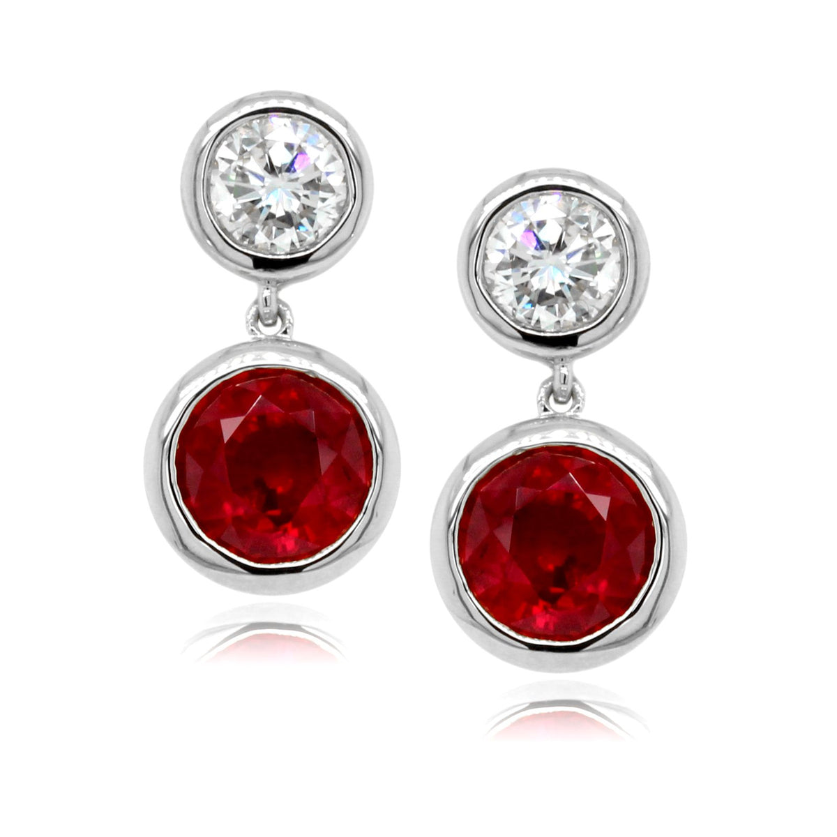 18K White Gold Bezel Set Ruby and Diamond Earrings