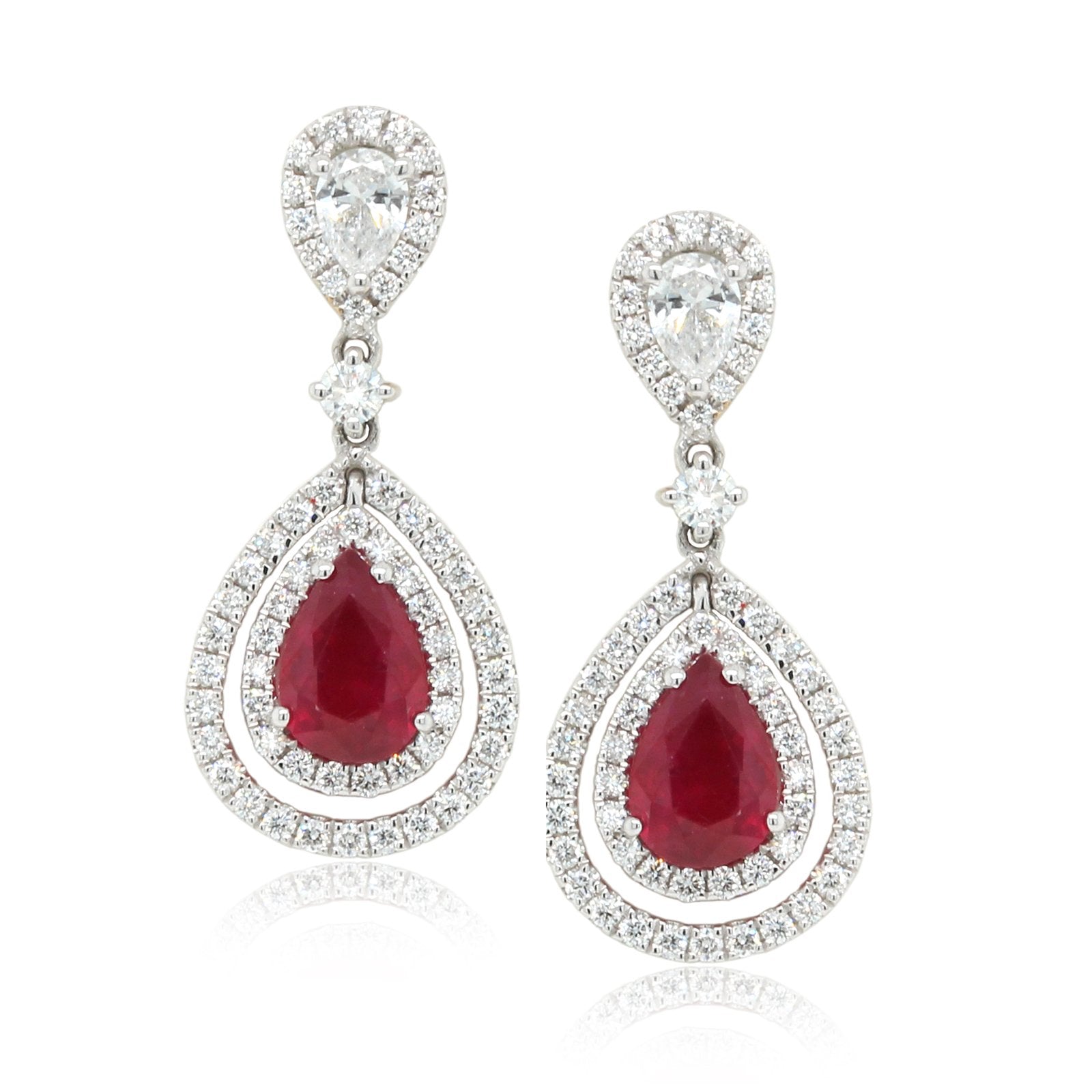 18K White Gold Pear Shaped Double Halo Ruby and Diamond Earrings