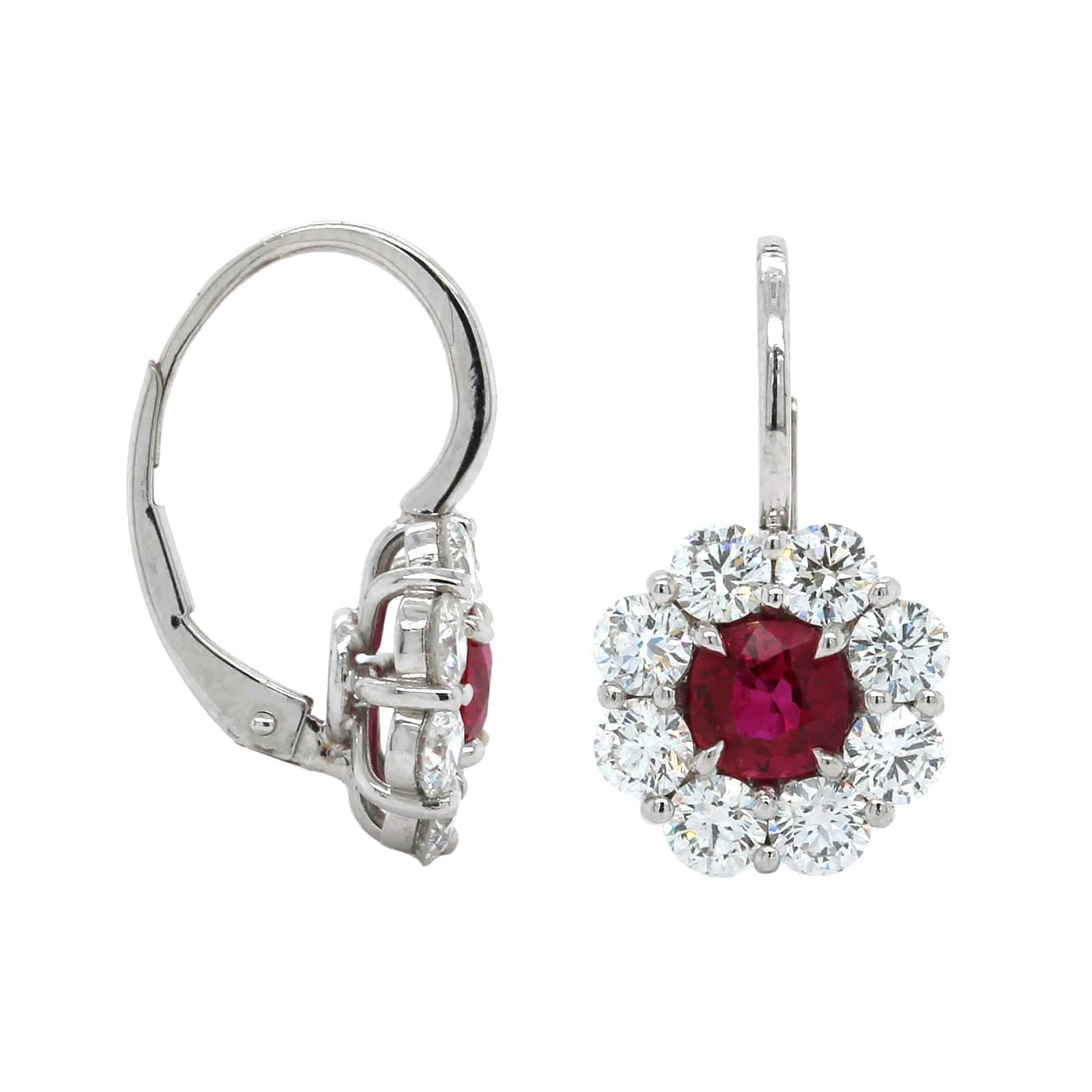 Platinum Ruby Diamond Halo Drop Earrings, Platinum, Long's Jewelers