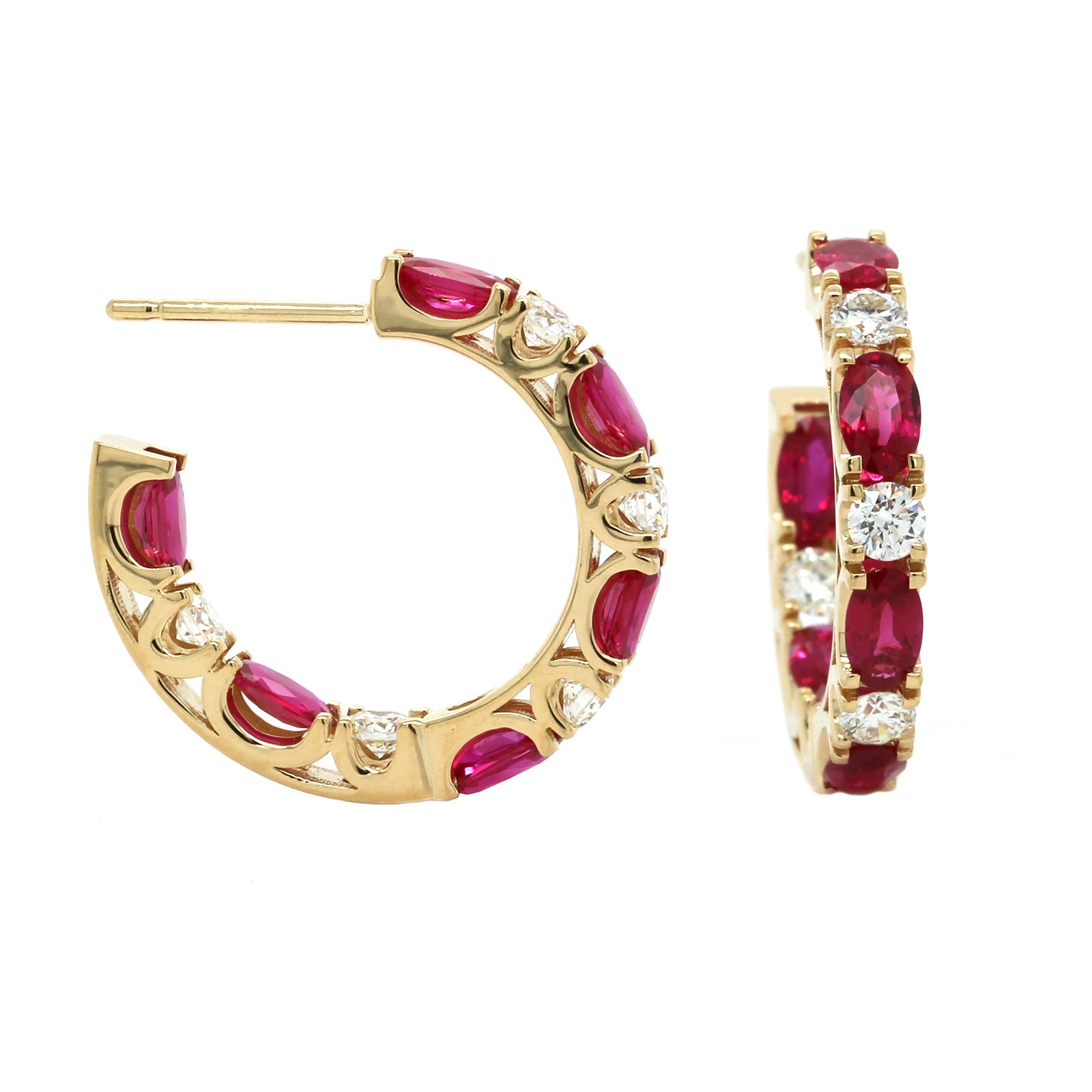18K Yellow Gold Oval Ruby and Diamond Hoop Earrings, 18k yellow gold, Long's Jewelers