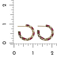 18K Yellow Gold Oval Ruby and Diamond Hoop Earrings