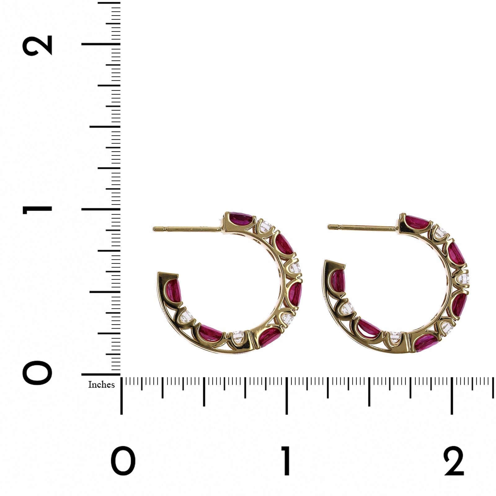 18K Yellow Gold Oval Ruby and Diamond Hoop Earrings
