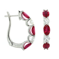 14K White Gold Oval Ruby and Diamond Hoop Earrings