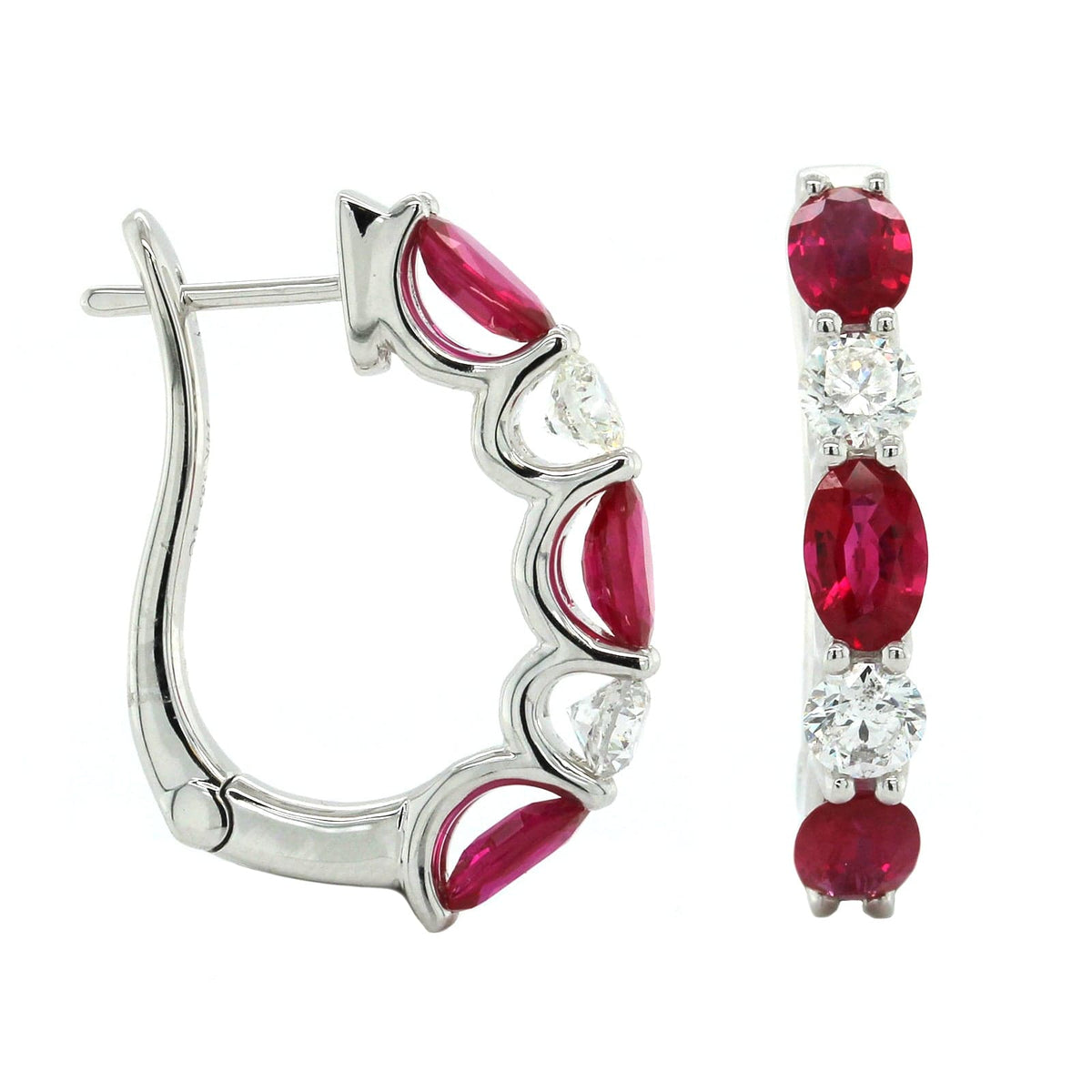 14K White Gold Oval Ruby and Diamond Hoop Earrings