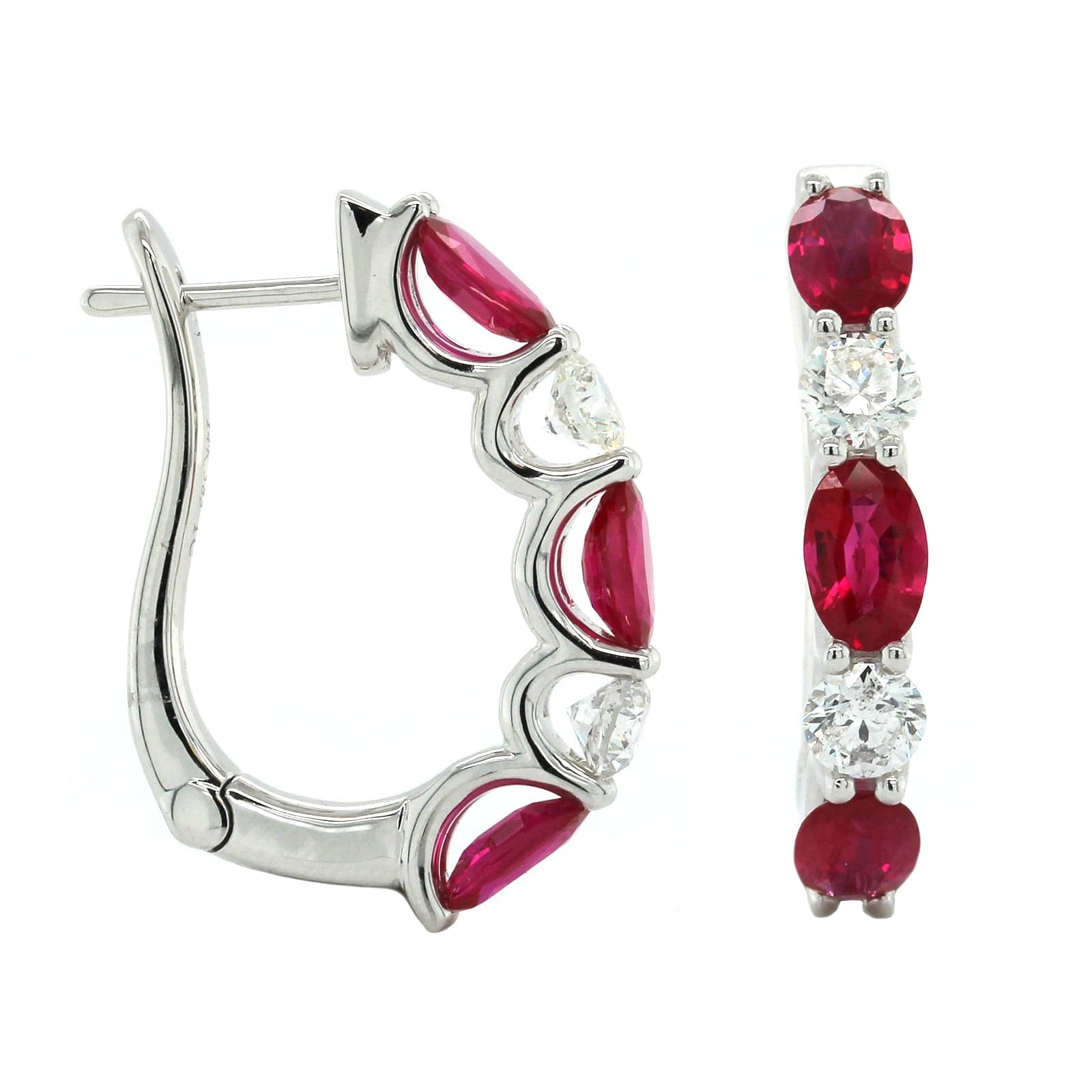 14K White Gold Oval Ruby and Diamond Hoop Earrings