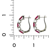 14K White Gold Oval Ruby and Diamond Hoop Earrings