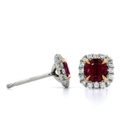 Platinum Cushion Ruby Diamond Halo Stud Earrings, Platinum and 18k yellow gold Long's Jewelry