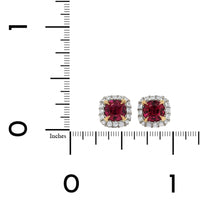 Platinum Cushion Ruby Diamond Halo Stud Earrings, Platinum and 18k yellow gold Long's Jewelry