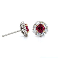 Platinum Ruby Diamond Halo Stud Earrings, Platinum and 18k yellow gold Long's Jewelry