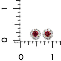 Platinum Ruby Diamond Halo Stud Earrings, Platinum and 18k yellow gold Long's Jewelry
