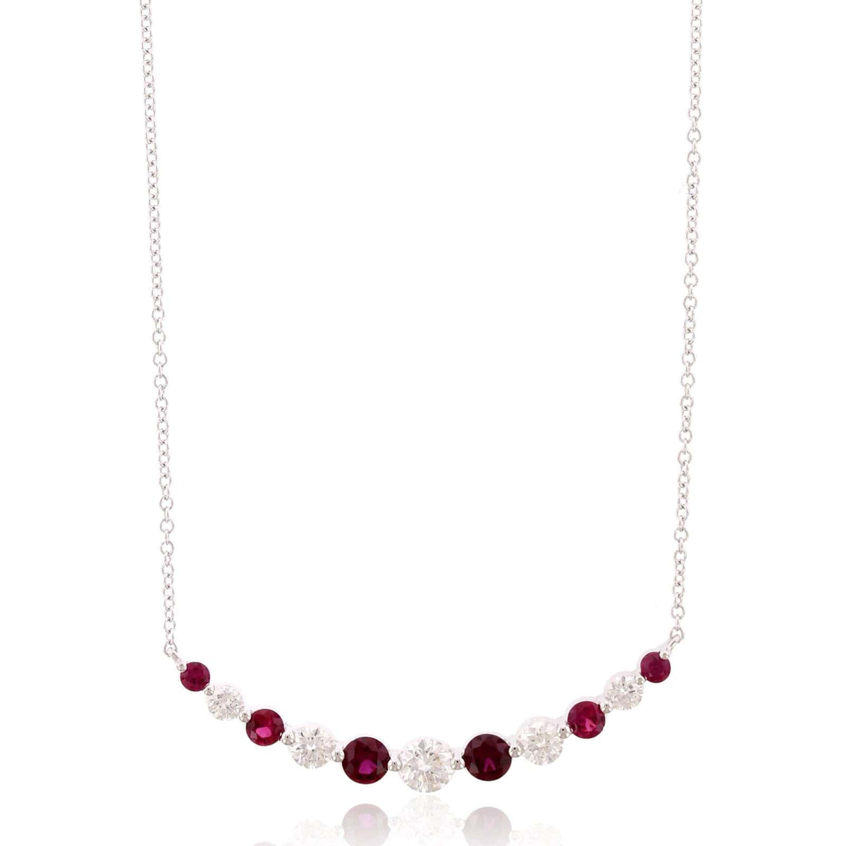 18K White Gold Diamond and Ruby Curve Bar Necklace