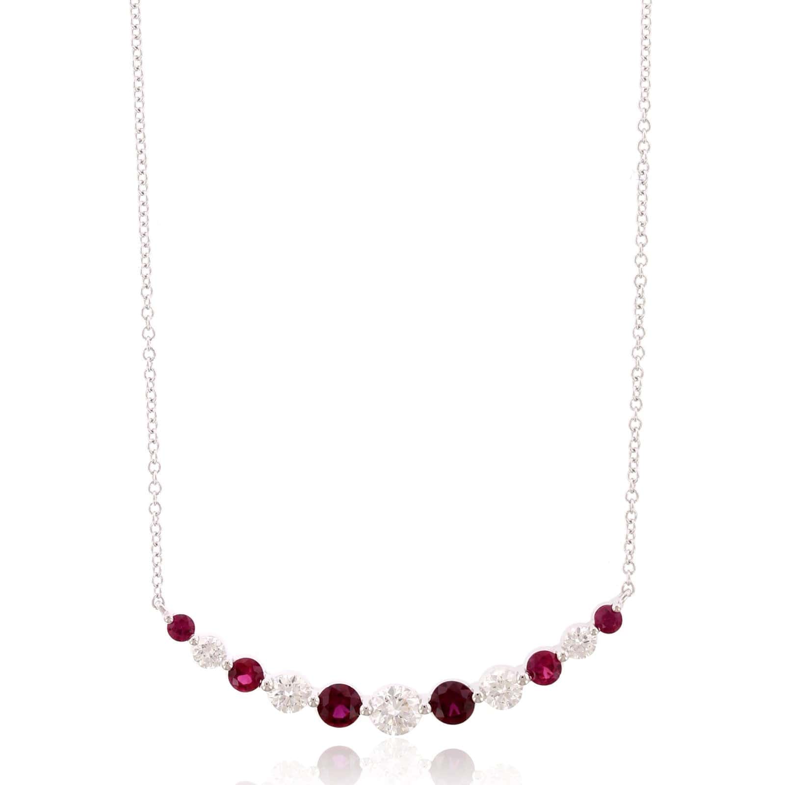 18K White Gold Diamond and Ruby Curve Bar Necklace
