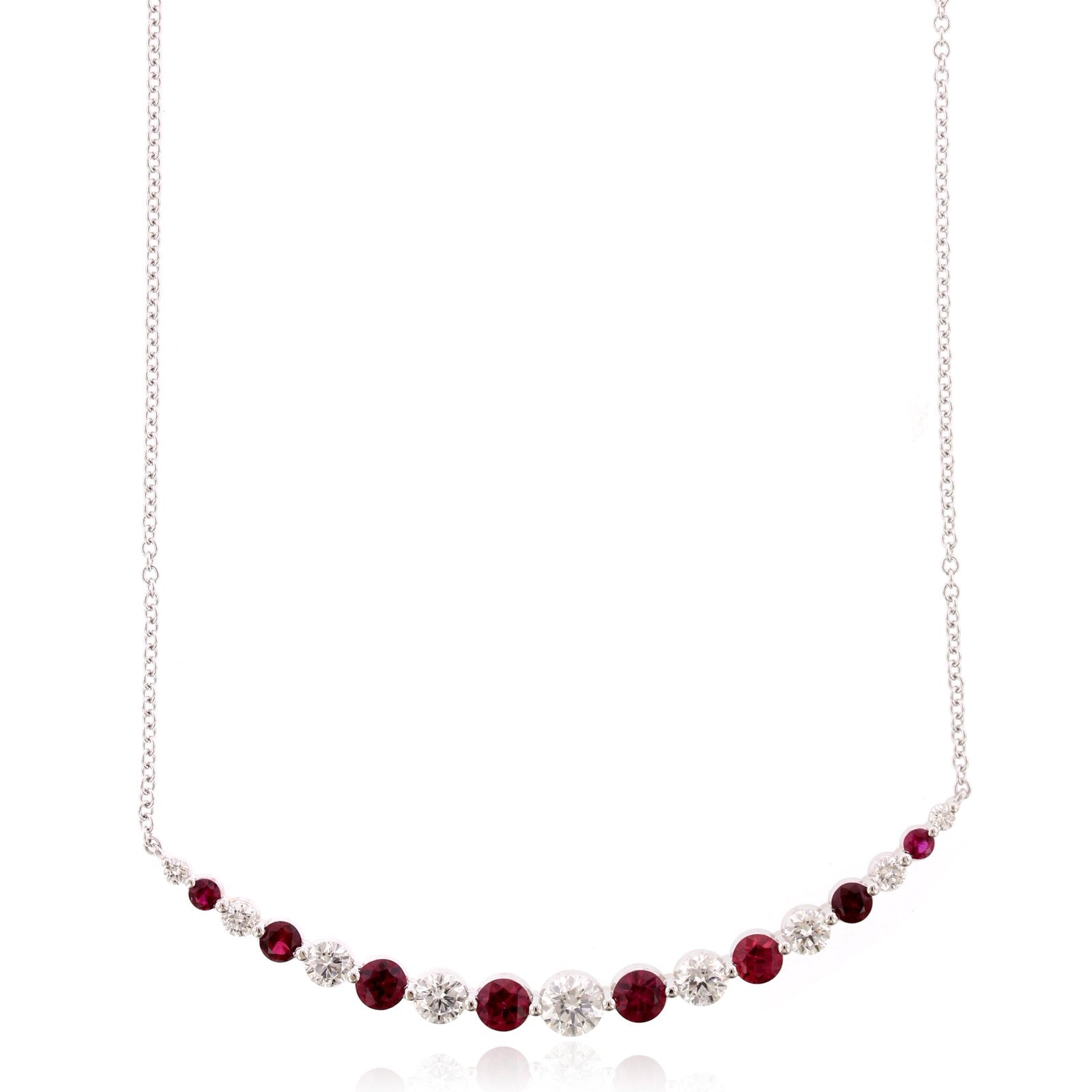 18K White Gold Diamond and Ruby Curve Bar Necklace