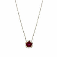 18K White and Yellow Gold Ruby Diamond Halo Necklace