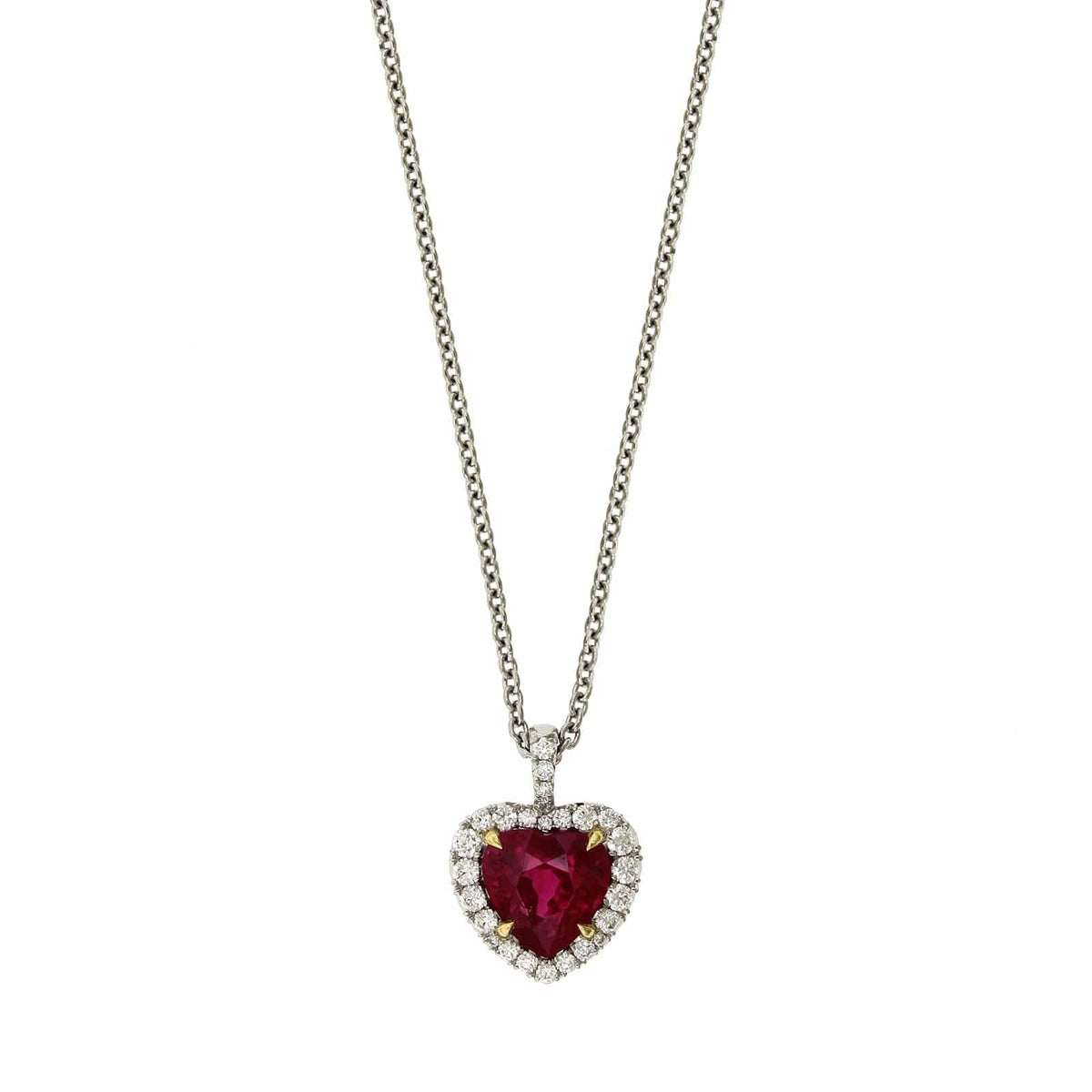 18K White and Yellow Gold Heart Shape Ruby Diamond Halo Necklace