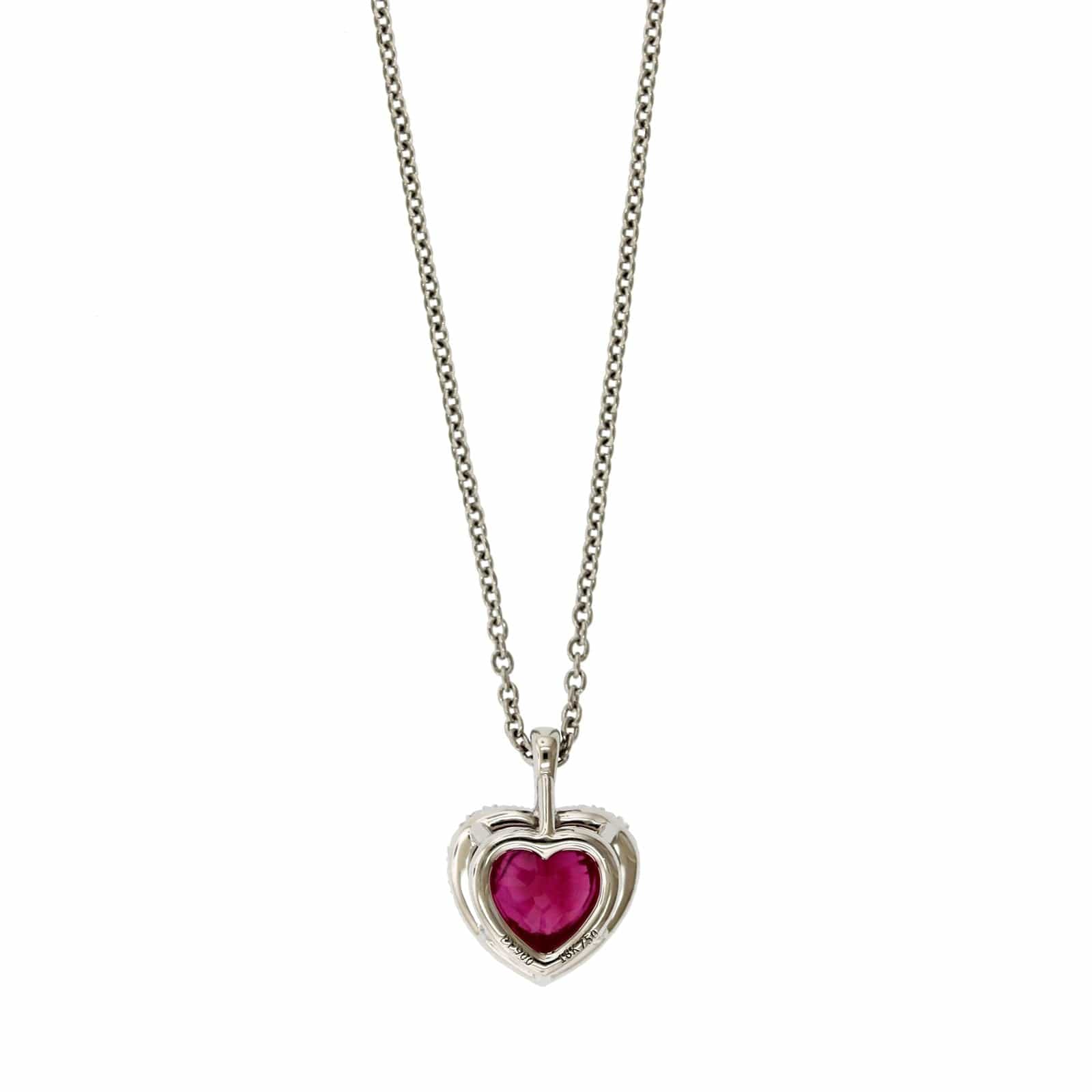 18K White and Yellow Gold Heart Shape Ruby Diamond Halo Necklace