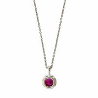 Platinum and 18K Yellow Gold Ruby Diamond Halo Necklace