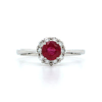18K White Gold Ruby and Diamond Halo Ring