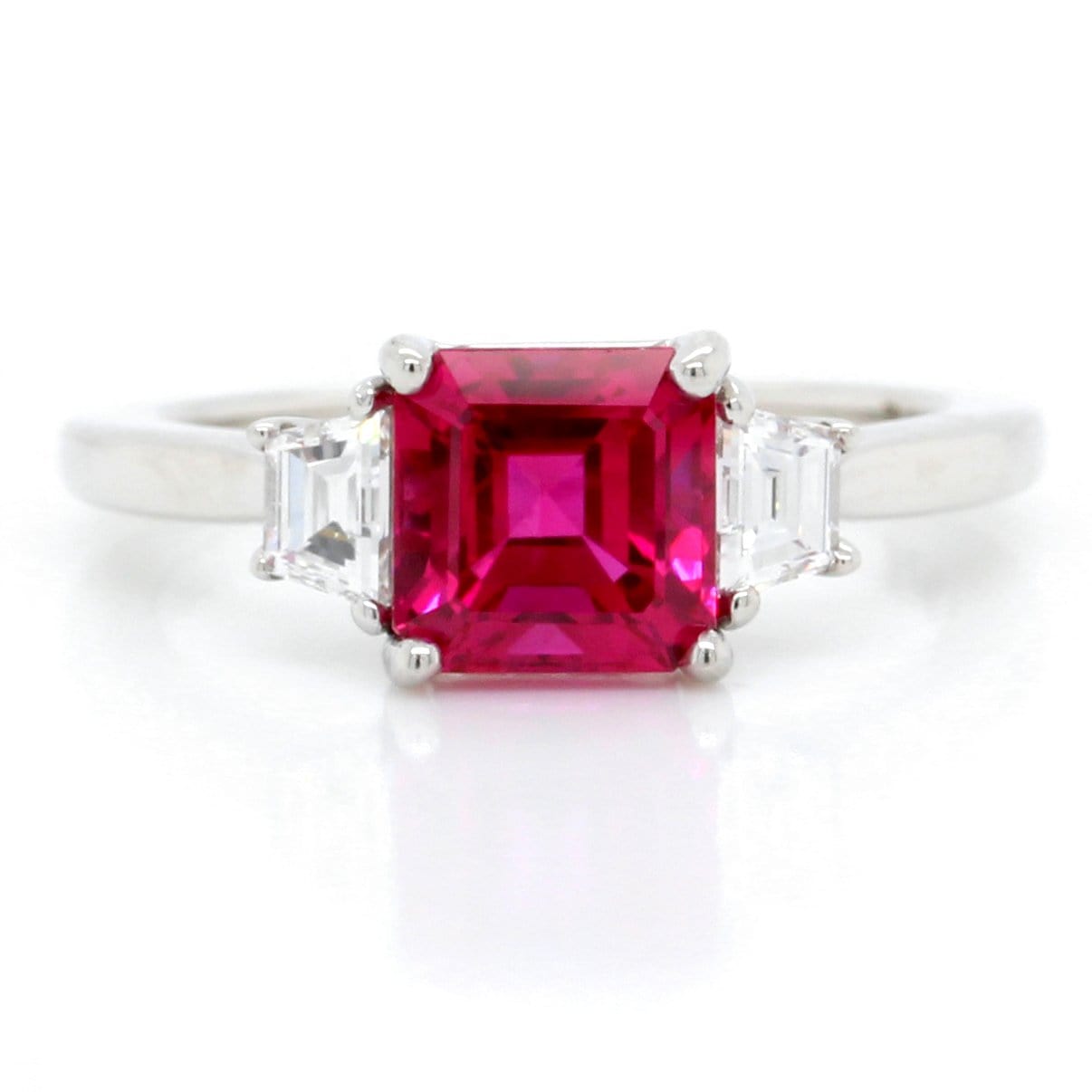 Platinum Three-Stone Emerald Cut Ruby and Diamond Ring