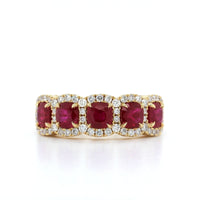 14K Yellow Gold 5 Stone Ruby and Diamond Halo Ring