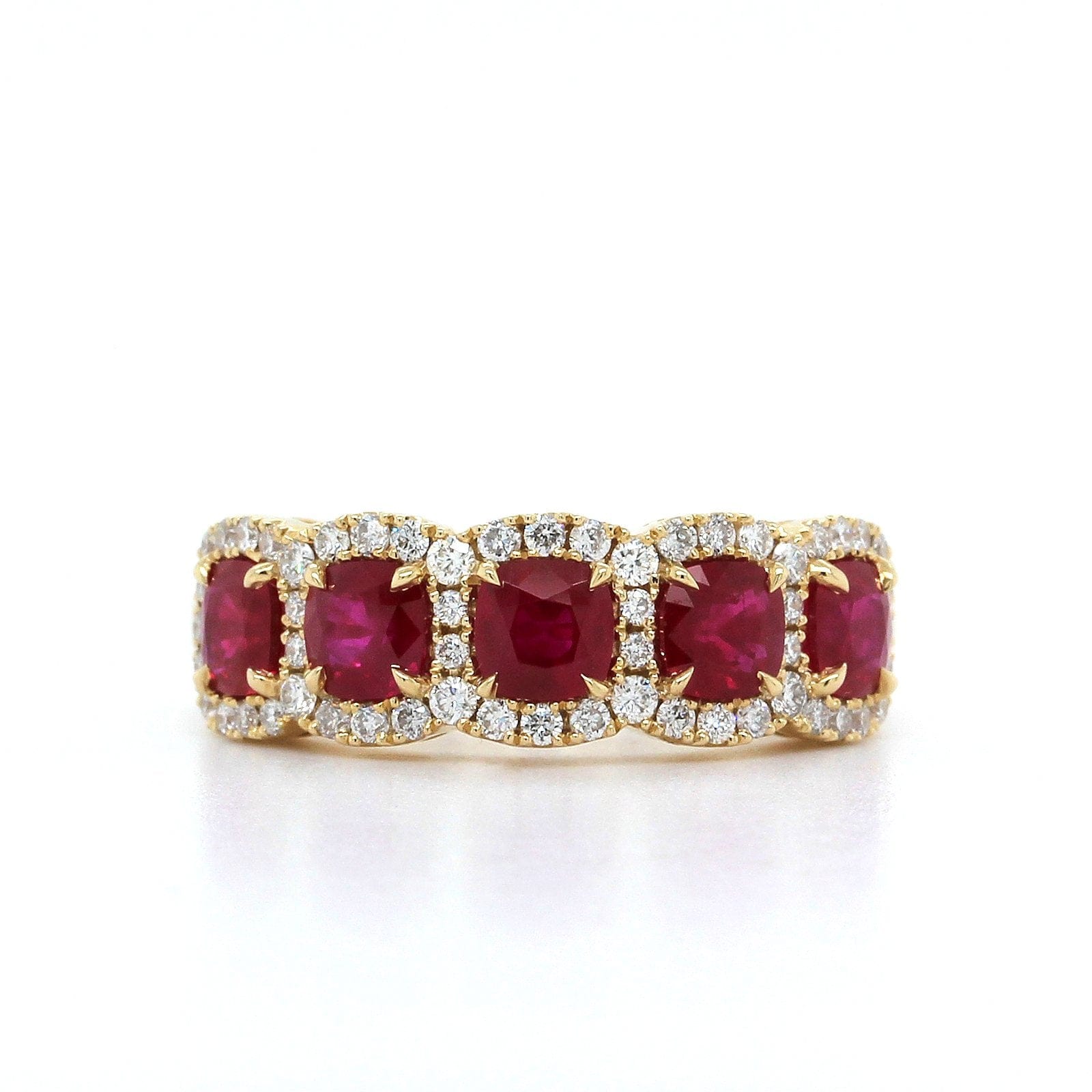 14K Yellow Gold 5 Stone Ruby and Diamond Halo Ring