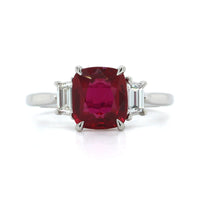 Platinum Cushion Ruby Diamond 3 Stone Ring, Platinum, Long's Jewelers