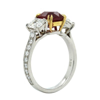 Platinum and 18K Yellow Gold 3 Stone Ruby Diamond Ring