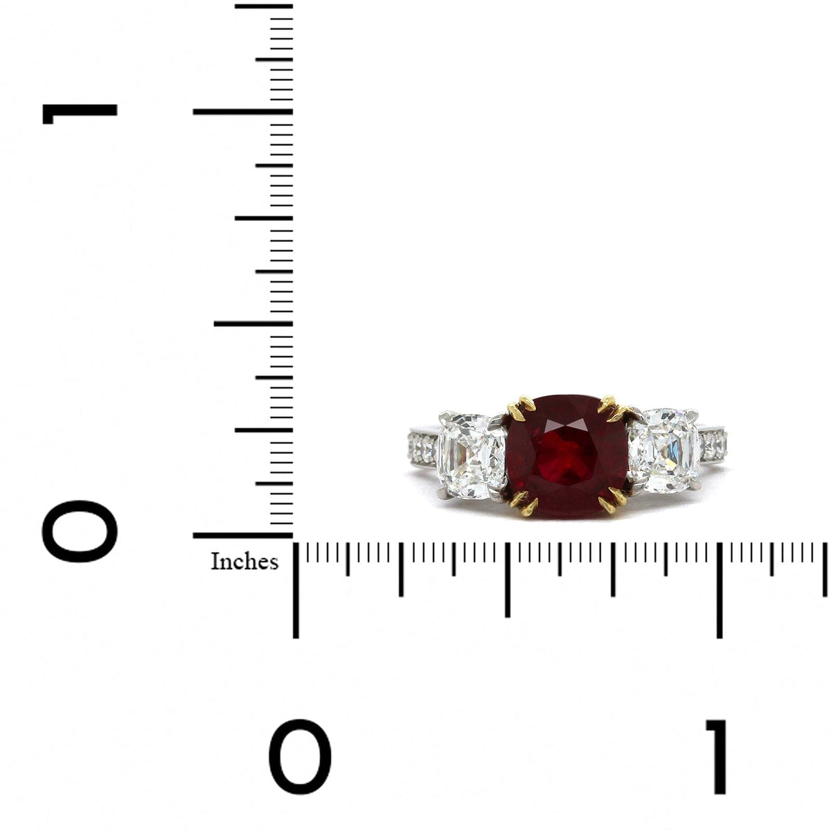 Platinum and 18K Yellow Gold 3 Stone Ruby Diamond Ring