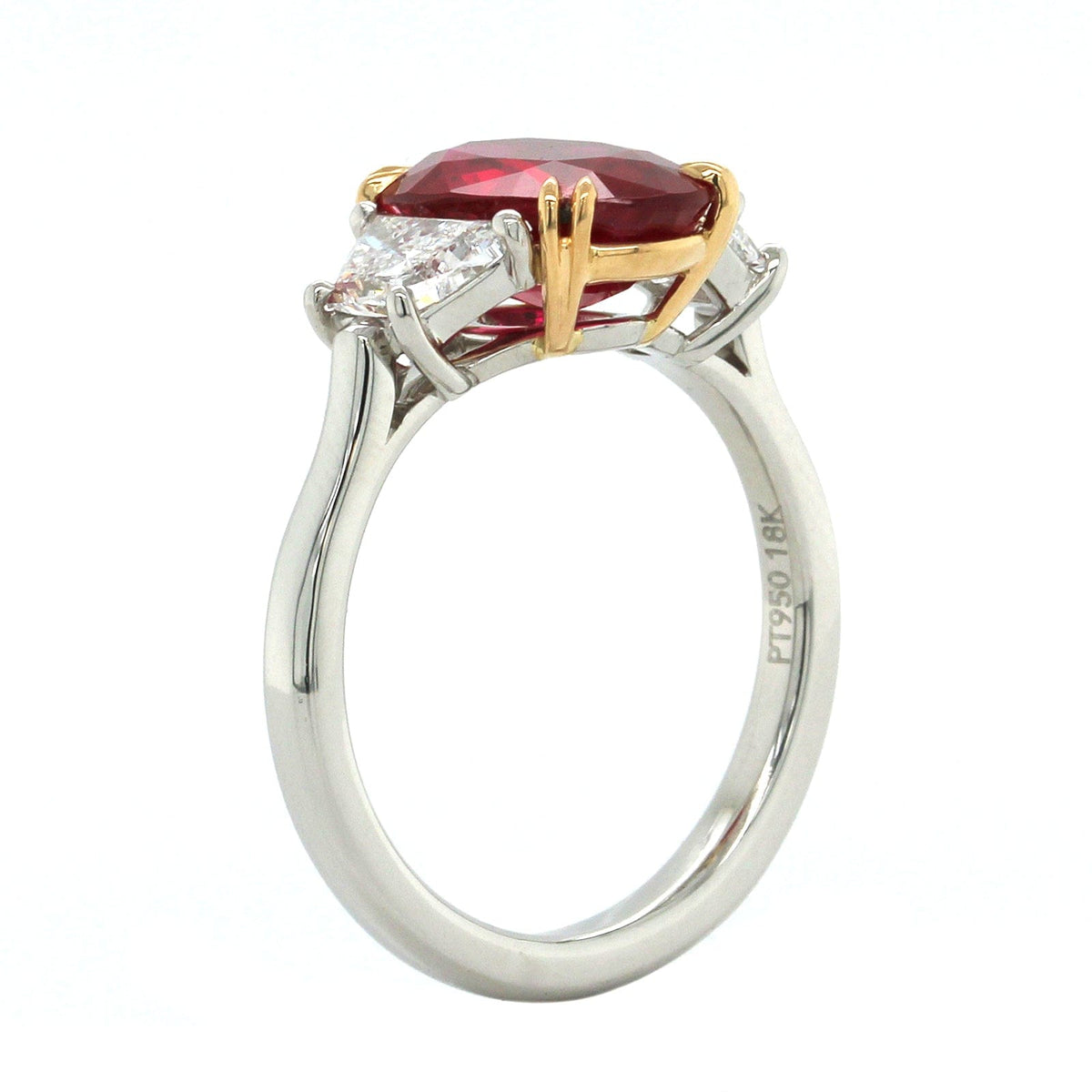 Platinum Oval Ruby Diamond 3 Stone Ring