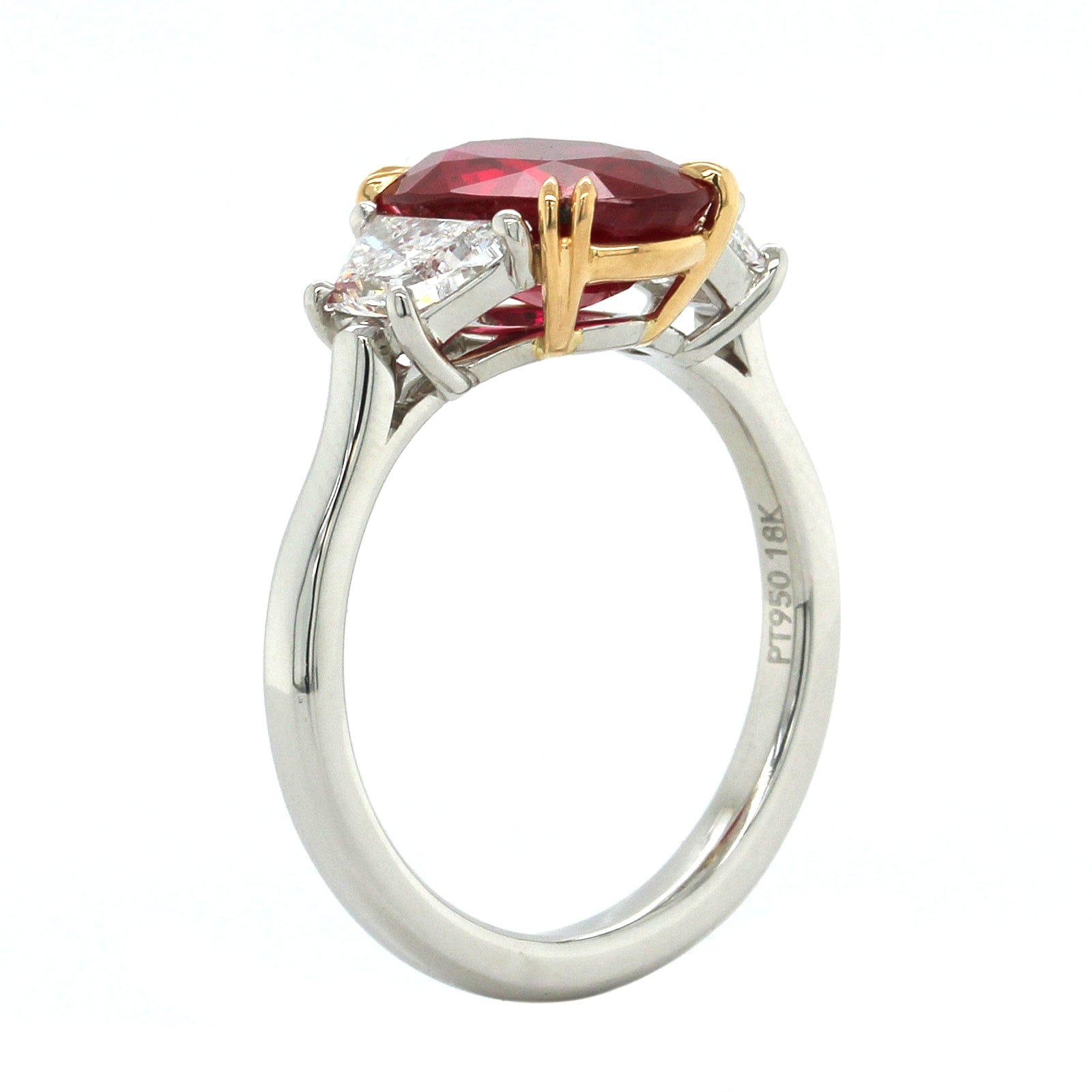 Platinum Oval Ruby Diamond 3 Stone Ring
