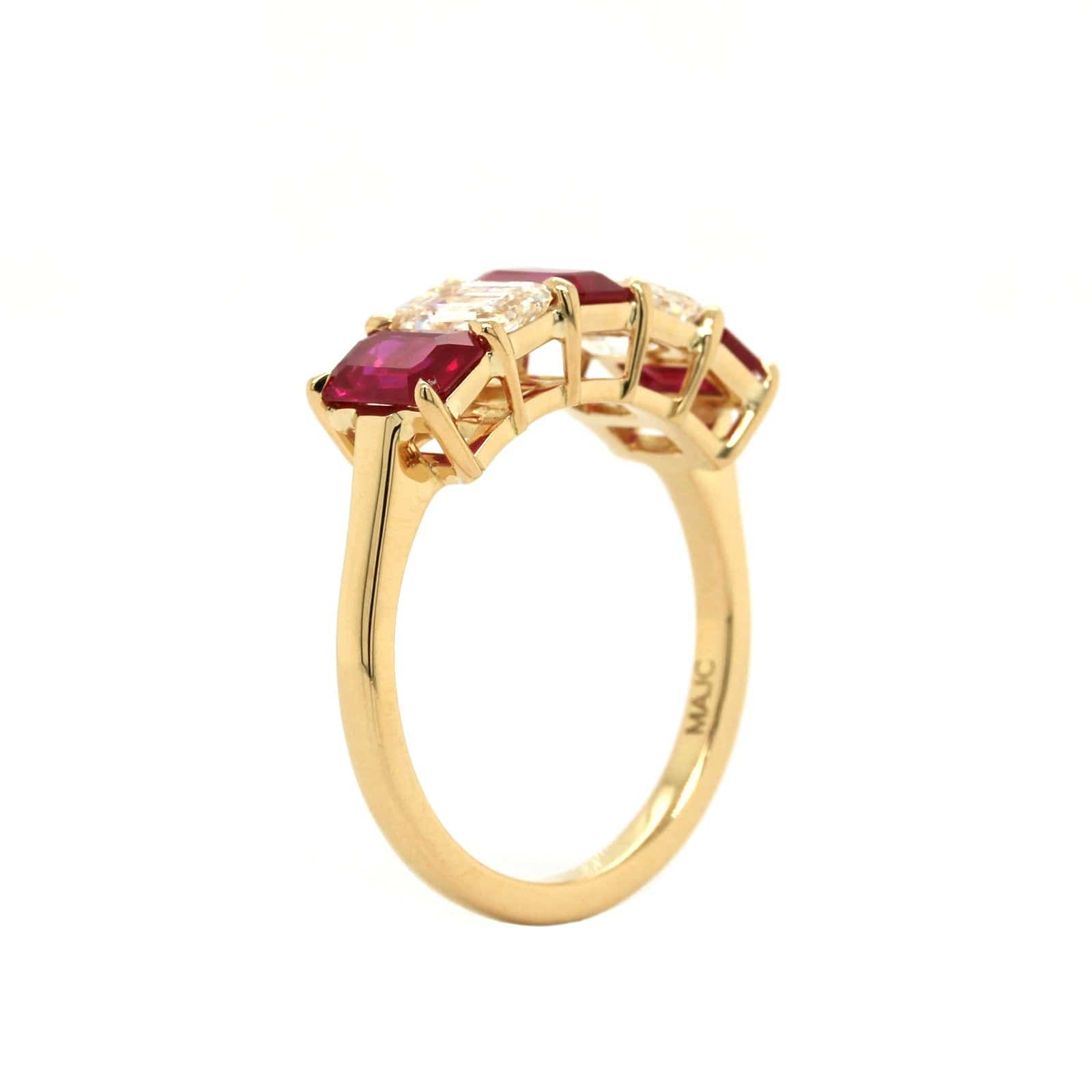 18K Yellow Gold Emerald Cut Ruby and Diamond Band