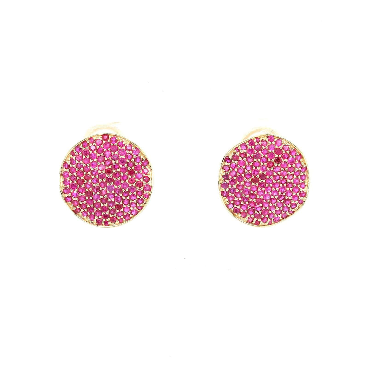 18K Yellow Gold Pave Ruby Disc Stud Earrings
