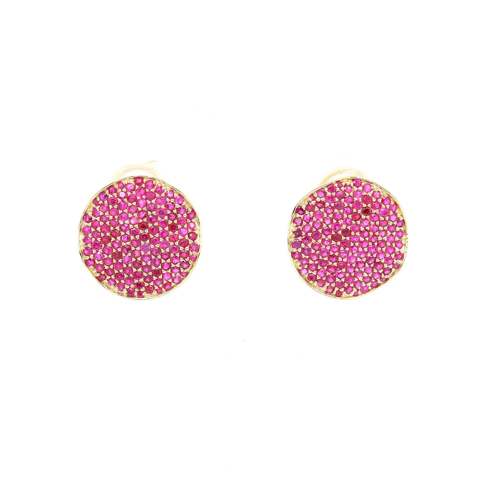 18K Yellow Gold Pave Ruby Disc Stud Earrings