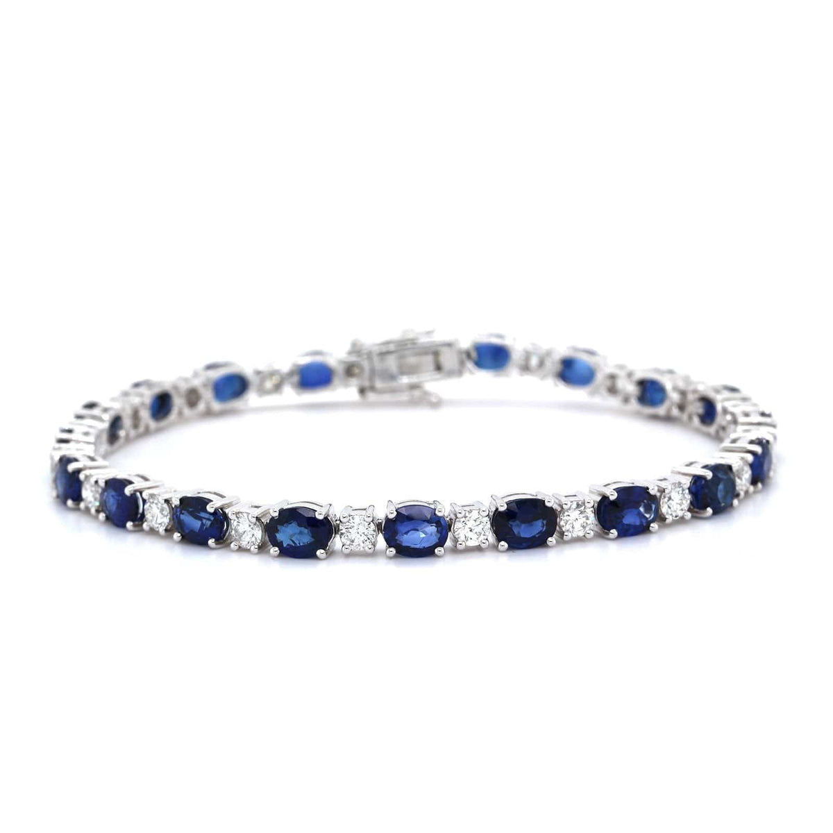 18K White Gold Oval Sapphire and Diamond Tennis Bracelet