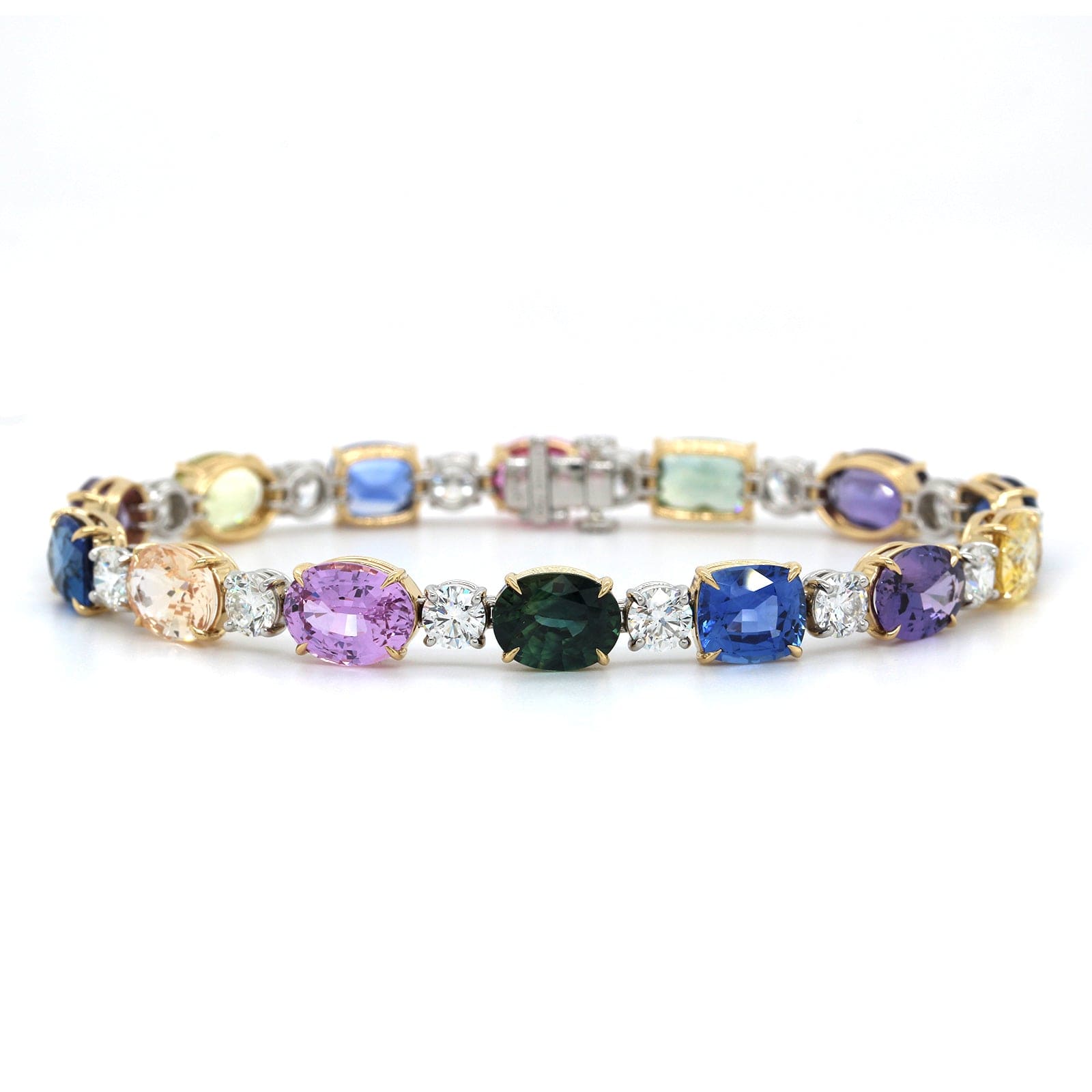 Platinum Multi Color Sapphire and Diamond Bracelet, Platinum and 18k yellow gold Long's Jewelry