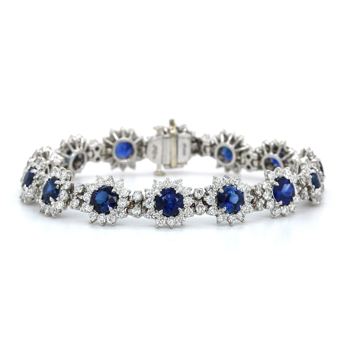 Platinum Sapphire and Diamond Halo Flower Design Bracelet